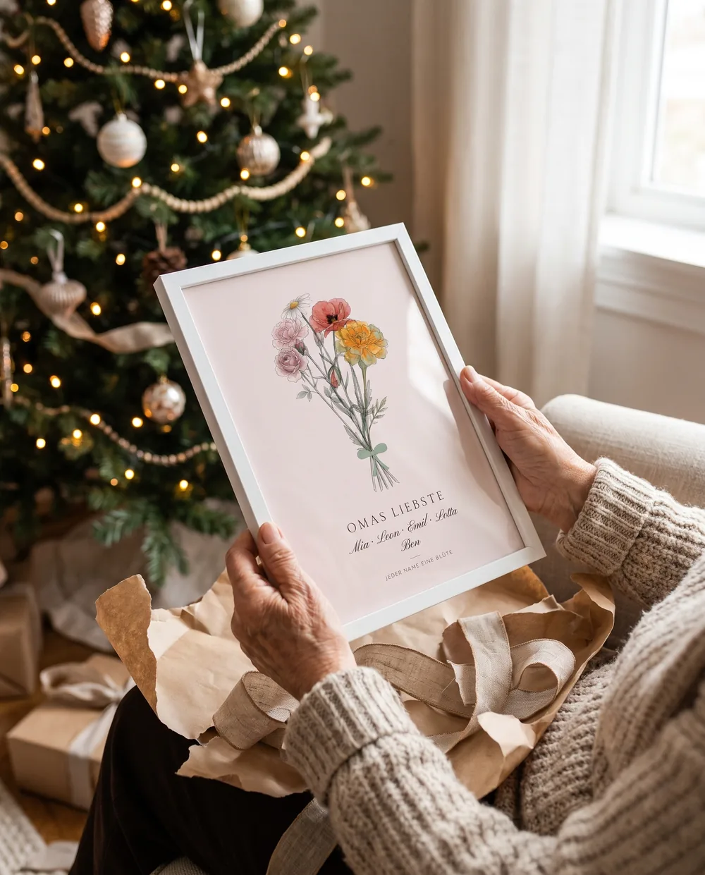 Ein Strauß mit allen Enkeln als Weihnachtsgeschenk für Oma